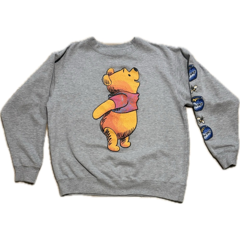 Disney Winnie the Pooh Graphic Sweatshirt Gray Honey Pot Sleeve Large